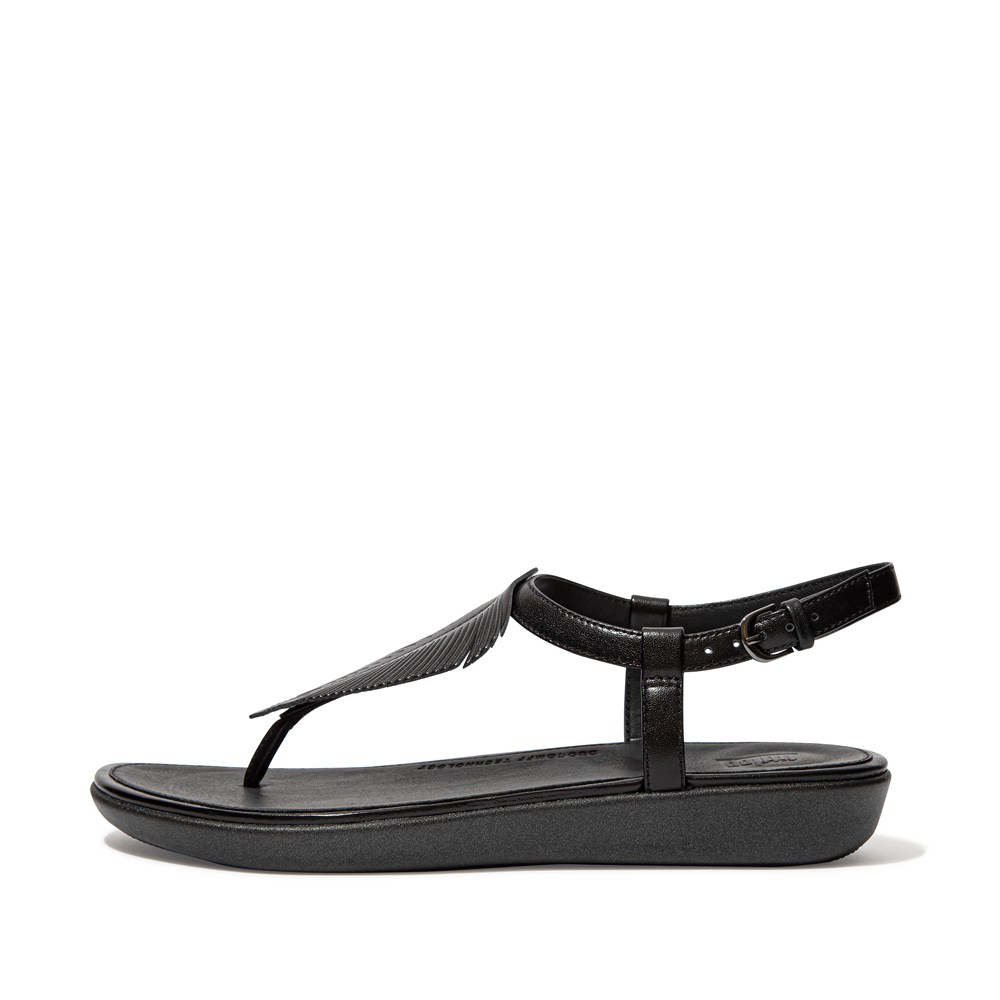 Fitflop Womens Sandals - Tia Feather Metallic Leather Back-strap - Black - 695-CNGUKI